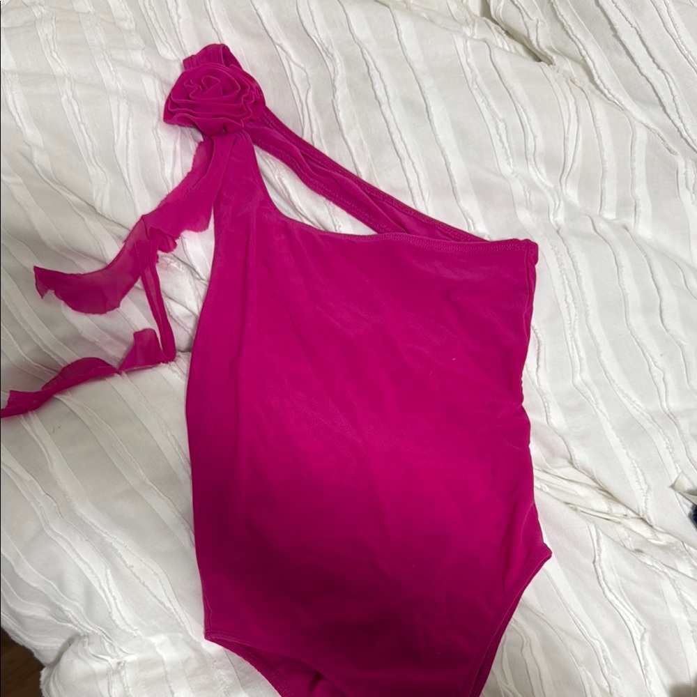 Pink one shoulder mesh bodysuit
